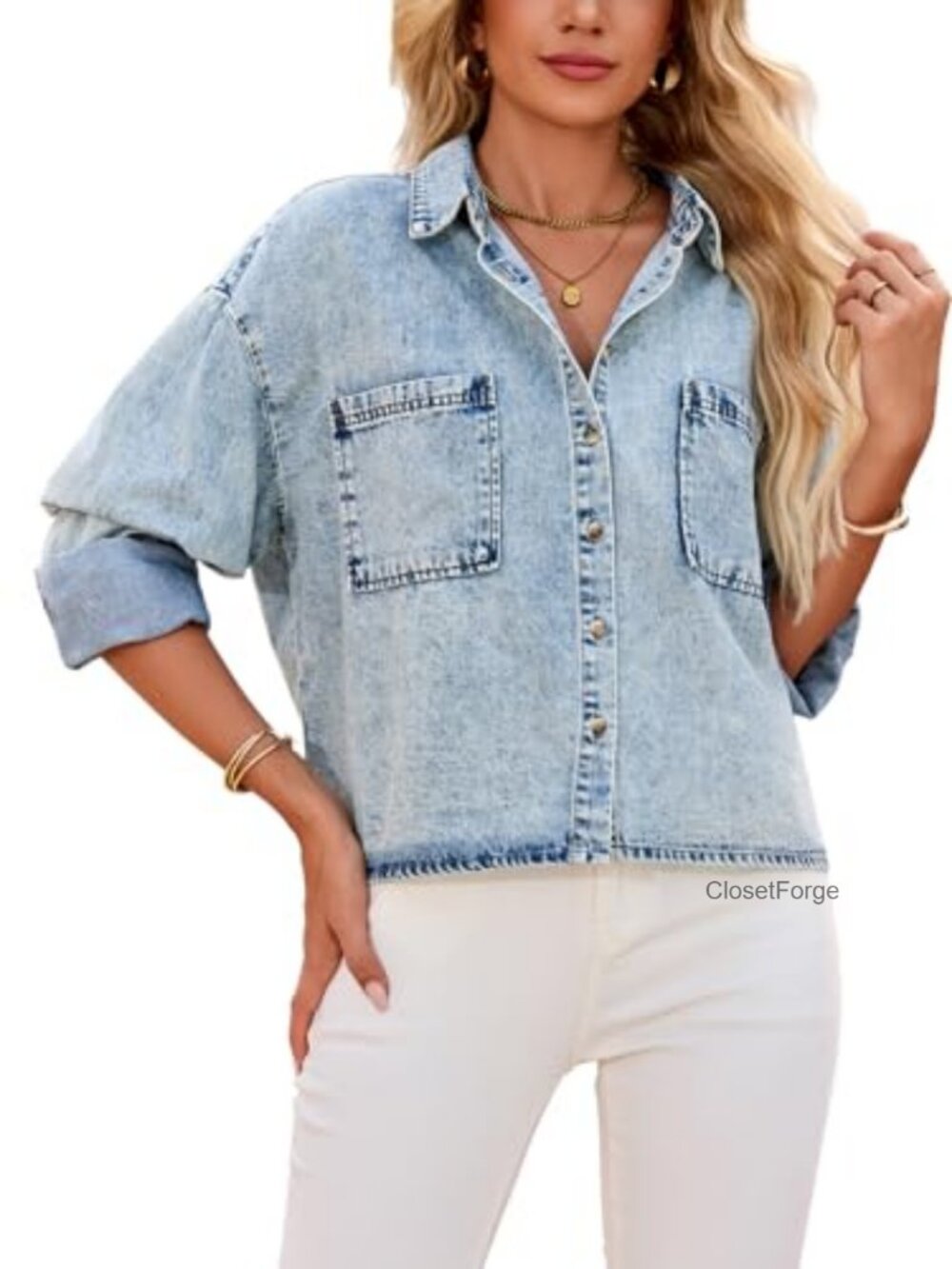 Cropped Lightweight Denim Button Down Shirt Women Long Sleeve Jean Top